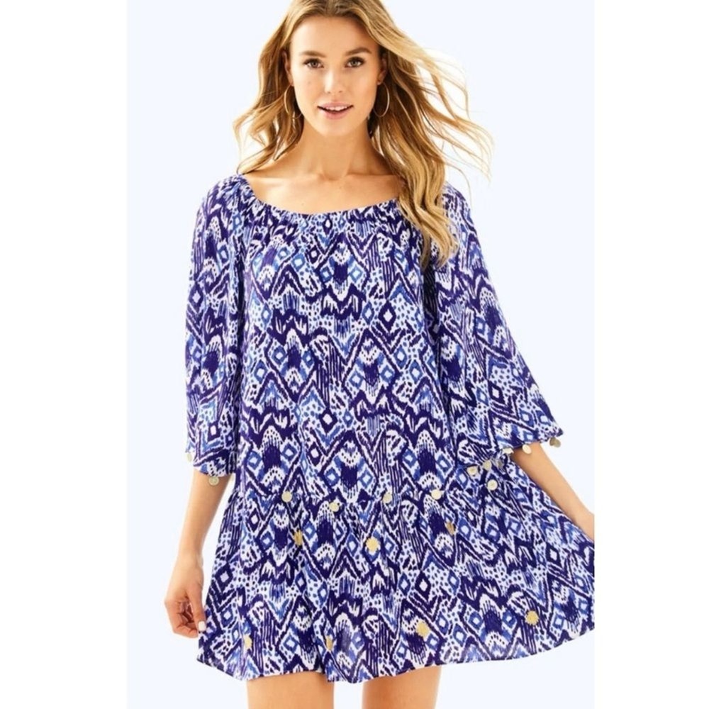 Lilly Pulitzer Womens Dress L Blue Delaney Tunic Off Shoulder Tassle‎ Coastal